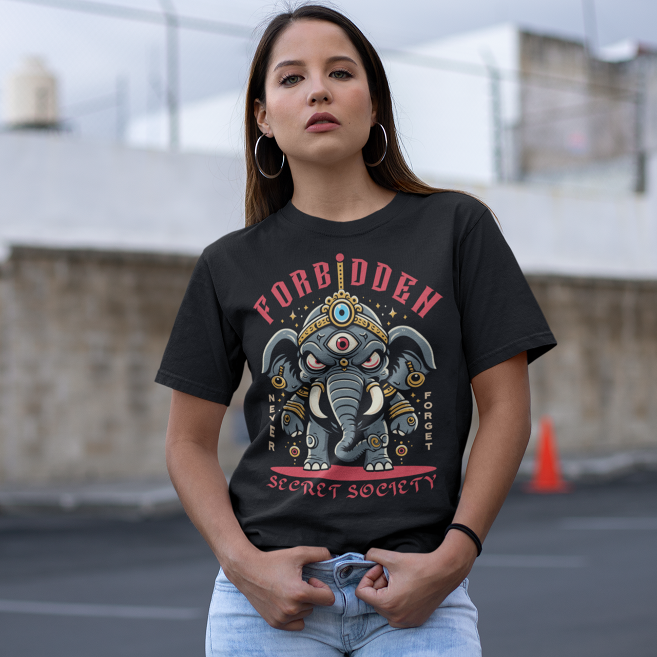 Black t-shirt of an Illuminati elephant with a third eye with text FORBIDDEN SECRET SOCIETY.