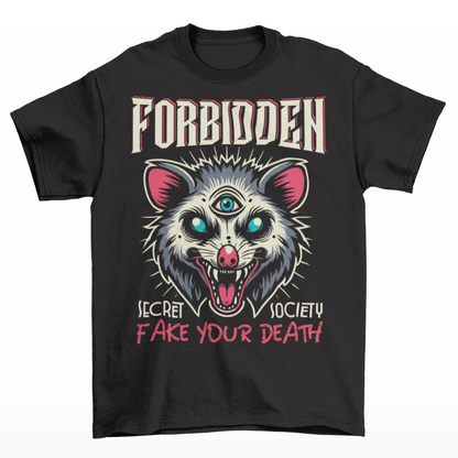 Black t-shirt of an Illuminati possum with a third eye with text FORBIDDEN SECRET SOCIETY.