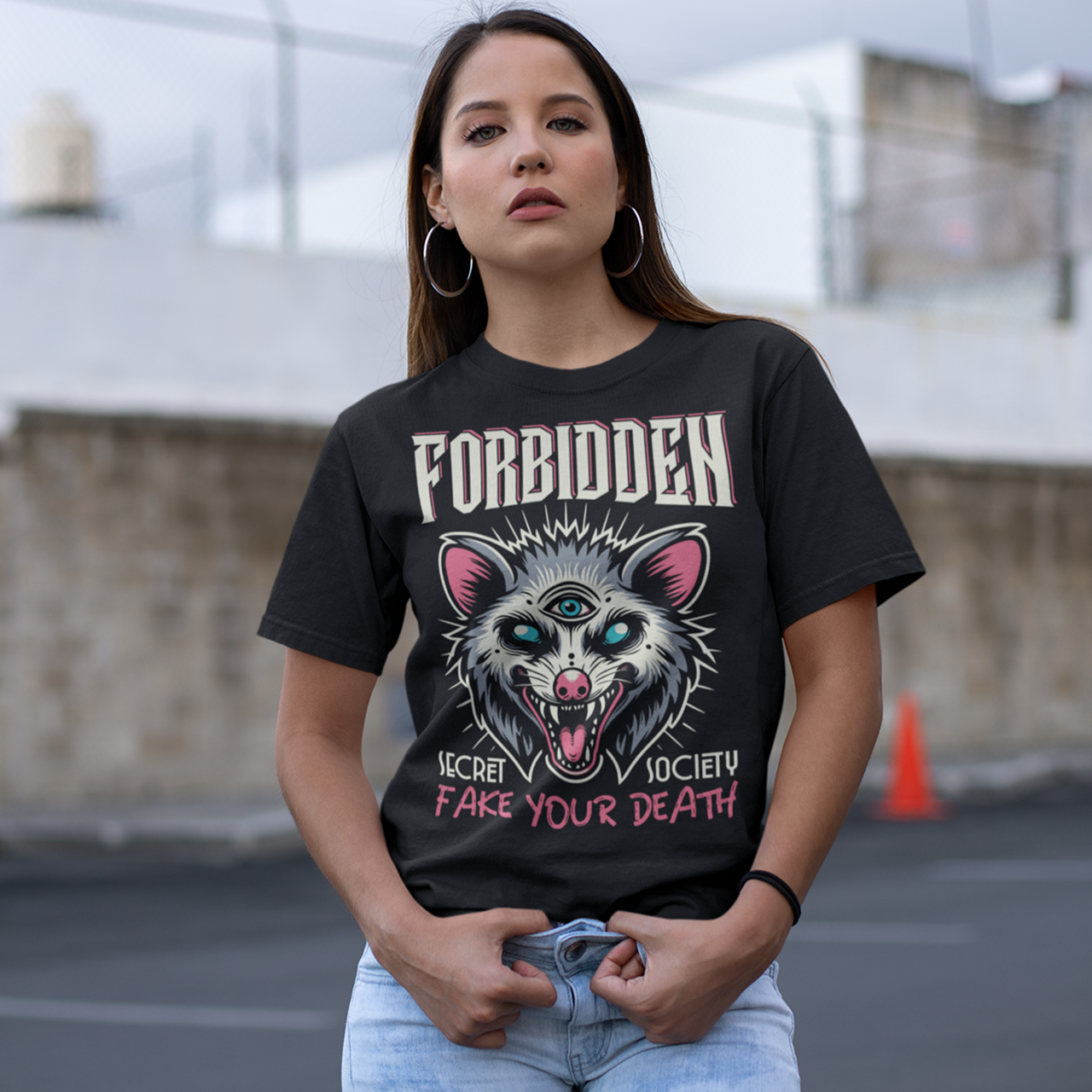 Black t-shirt of an Illuminati possum with a third eye with text FORBIDDEN SECRET SOCIETY.