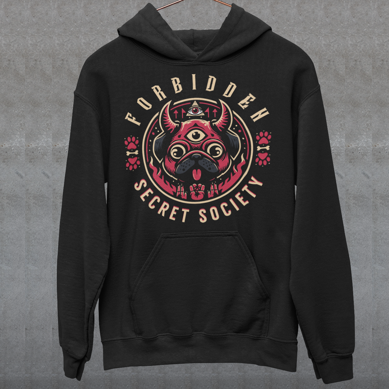 Black hoodie of an Illuminati pug with a third eye with text FORBIDDEN SECRET SOCIETY.