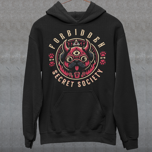 Black hoodie of an Illuminati pug with a third eye with text FORBIDDEN SECRET SOCIETY.