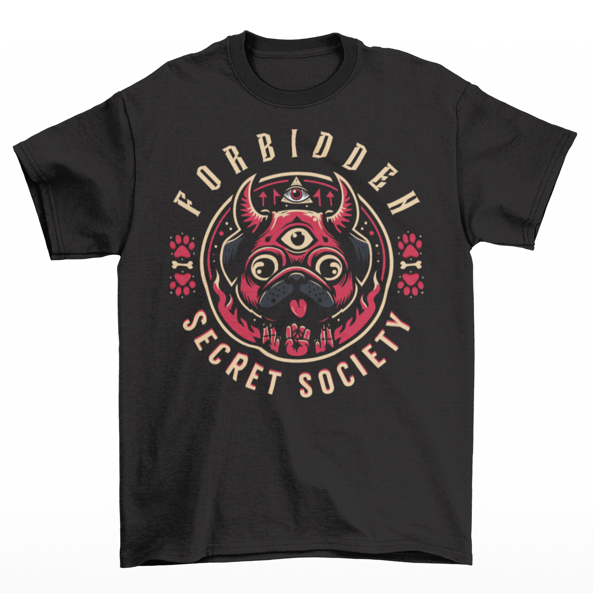 Black t-shirt of an Illuminati pug with a third eye with text FORBIDDEN SECRET SOCIETY.