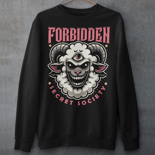 Black sweatshirt of an Illuminati sheep with a third eye with text FORBIDDEN SECRET SOCIETY.