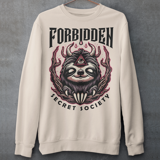 Cream sweatshirt of an Illuminati sloth with a third eye with text FORBIDDEN SECRET SOCIETY.