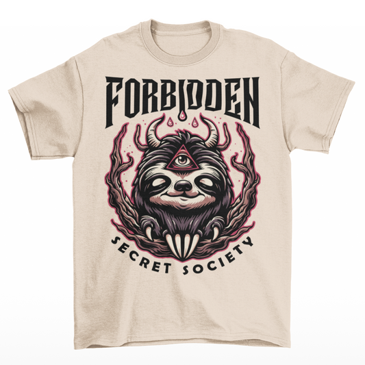 Cream t-shirt of an Illuminati sloth with a third eye with text FORBIDDEN SECRET SOCIETY.