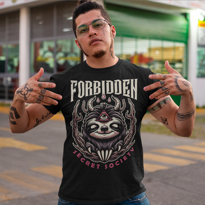 "Step into the enigmatic world of clandestine societies with our Forbidden Secret Society t-shirt featuring the elusive Illuminati sloth. This captivating design showcases a sloth adorned with symbolic imagery, including the all-seeing third eye, hinting at hidden knowledge and mystic insight. Embrace the intrigue and mystery as you don this unique tee, inviting curiosity and speculation wherever you go.