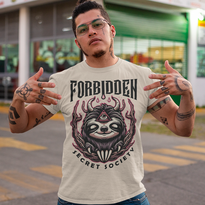 "Step into the enigmatic world of clandestine societies with our Forbidden Secret Society t-shirt featuring the elusive Illuminati sloth. This captivating design showcases a sloth adorned with symbolic imagery, including the all-seeing third eye, hinting at hidden knowledge and mystic insight. Embrace the intrigue and mystery as you don this unique tee, inviting curiosity and speculation wherever you go.