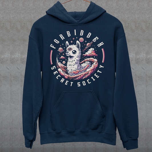 Navy hoodie of an Illuminati possum with a third eye with text FORBIDDEN SECRET SOCIETY.