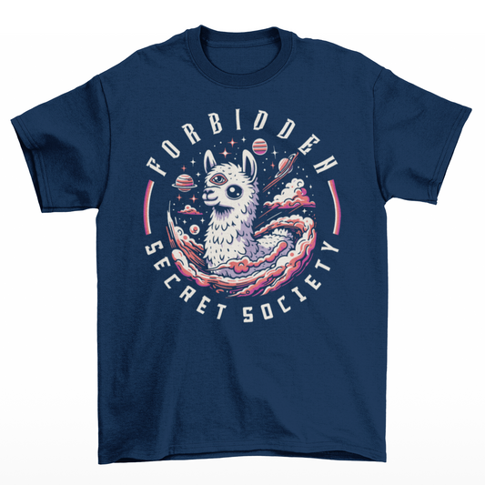 Navy t-shirt of an Illuminati llama with a third eye with text FORBIDDEN SECRET SOCIETY.