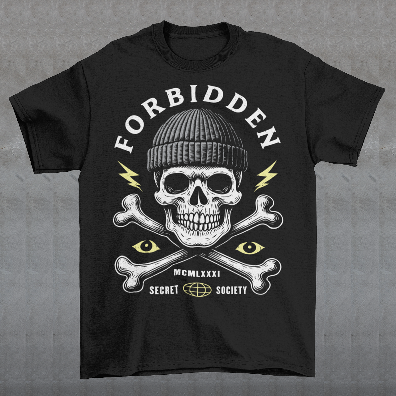 At the center sits a stark skull in a knit beanie, framed by crossed bones, watchful eyes, and crackling lightning bolts. Bold lettering reads Forbidden, with subtle details like Roman numerals and “Secret Society” giving the design the air of an underground emblem or outlaw insignia. The muted cream and acid-yellow accents pop against the black fabric, creating a gritty, modern occult aesthetic.