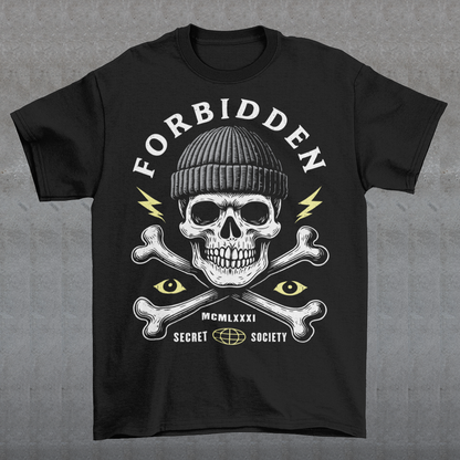 At the center sits a stark skull in a knit beanie, framed by crossed bones, watchful eyes, and crackling lightning bolts. Bold lettering reads Forbidden, with subtle details like Roman numerals and “Secret Society” giving the design the air of an underground emblem or outlaw insignia. The muted cream and acid-yellow accents pop against the black fabric, creating a gritty, modern occult aesthetic.
