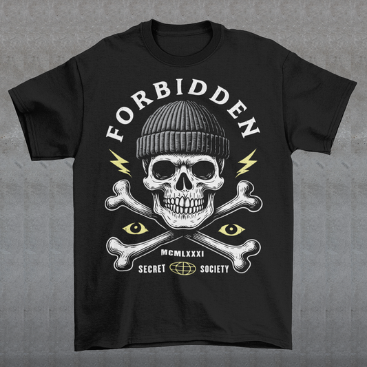 At the center sits a stark skull in a knit beanie, framed by crossed bones, watchful eyes, and crackling lightning bolts. Bold lettering reads Forbidden, with subtle details like Roman numerals and “Secret Society” giving the design the air of an underground emblem or outlaw insignia. The muted cream and acid-yellow accents pop against the black fabric, creating a gritty, modern occult aesthetic.
