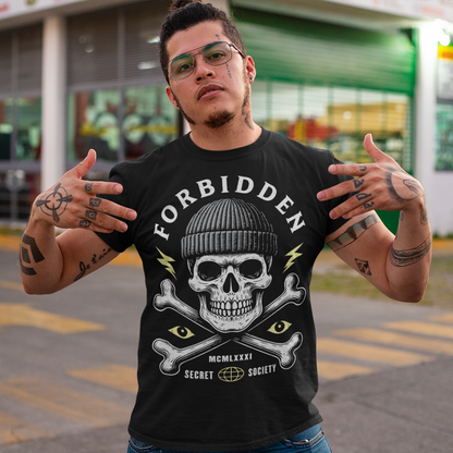 At the center sits a stark skull in a knit beanie, framed by crossed bones, watchful eyes, and crackling lightning bolts. Bold lettering reads Forbidden, with subtle details like Roman numerals and “Secret Society” giving the design the air of an underground emblem or outlaw insignia. The muted cream and acid-yellow accents pop against the black fabric, creating a gritty, modern occult aesthetic.