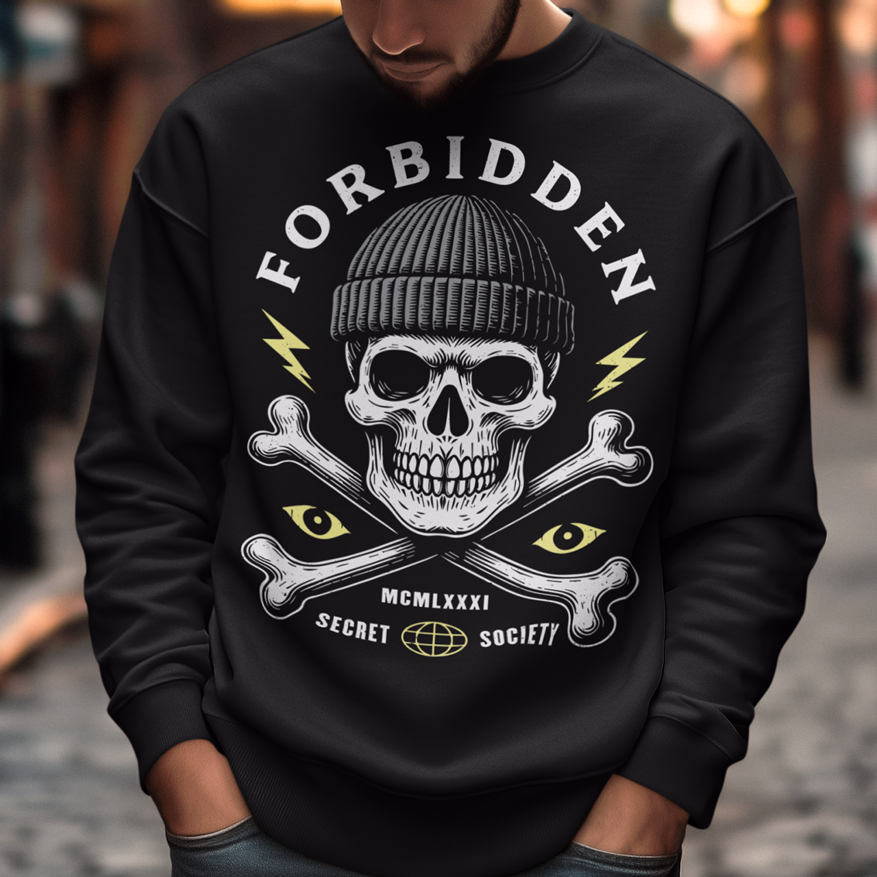 At the center sits a stark skull in a knit beanie, framed by crossed bones, watchful eyes, and crackling lightning bolts. Bold lettering reads Forbidden, with subtle details like Roman numerals and “Secret Society” giving the design the air of an underground emblem or outlaw insignia. The muted cream and acid-yellow accents pop against the black fabric, creating a gritty, modern occult aesthetic.
