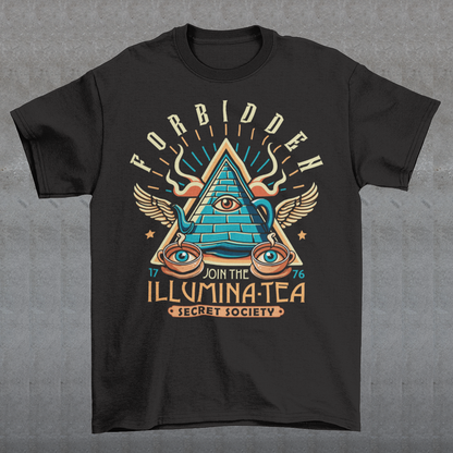 Step into the mysterious world of the Illuminati with this enigmatic t-shirt featuring a captivating design of a tea pot and cups, each adorned with iconic Illuminati symbols. Delve into the depths of secrecy as you sip your tea, knowing that you possess the knowledge of the ages. With its clever wordplay, the text "ILLUMINA-TEA" adds a playful twist, inviting intrigue and curiosity from those around you.