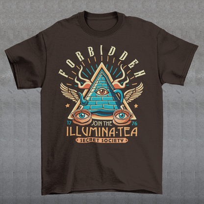 Step into the mysterious world of the Illuminati with this enigmatic t-shirt featuring a captivating design of a tea pot and cups, each adorned with iconic Illuminati symbols. Delve into the depths of secrecy as you sip your tea, knowing that you possess the knowledge of the ages. With its clever wordplay, the text "ILLUMINA-TEA" adds a playful twist, inviting intrigue and curiosity from those around you.