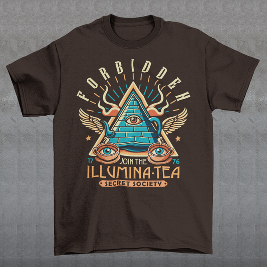 Step into the mysterious world of the Illuminati with this enigmatic t-shirt featuring a captivating design of a tea pot and cups, each adorned with iconic Illuminati symbols. Delve into the depths of secrecy as you sip your tea, knowing that you possess the knowledge of the ages. With its clever wordplay, the text "ILLUMINA-TEA" adds a playful twist, inviting intrigue and curiosity from those around you.