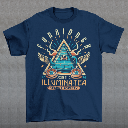 Step into the mysterious world of the Illuminati with this enigmatic t-shirt featuring a captivating design of a tea pot and cups, each adorned with iconic Illuminati symbols. Delve into the depths of secrecy as you sip your tea, knowing that you possess the knowledge of the ages. With its clever wordplay, the text "ILLUMINA-TEA" adds a playful twist, inviting intrigue and curiosity from those around you.