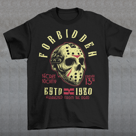 Get ready to turn heads with this spine-chilling t-shirt featuring a graphic of a sinister, battle-worn hockey mask. Around the mask, the text "FORBIDDEN SECRET SOCIETY AWAKENED FROM THE DEAD" looms in jagged, eerie lettering. The design has a gritty, distressed style, evoking an unsettling sense of mystery and menace. Perfect for horror enthusiasts, this shirt brings a dark aesthetic and an air of the supernatural, making it a must-have for those who like their fashion on the dark side.