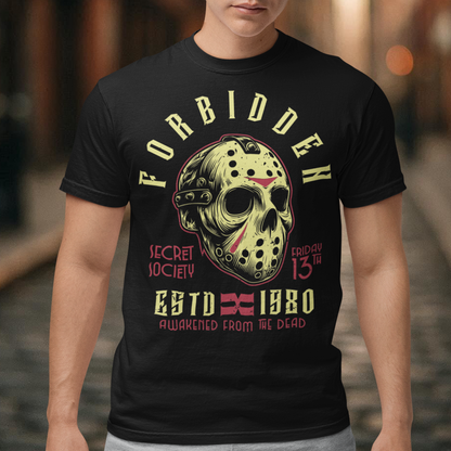 Get ready to turn heads with this spine-chilling t-shirt featuring a graphic of a sinister, battle-worn hockey mask. Around the mask, the text "FORBIDDEN SECRET SOCIETY AWAKENED FROM THE DEAD" looms in jagged, eerie lettering. The design has a gritty, distressed style, evoking an unsettling sense of mystery and menace. Perfect for horror enthusiasts, this shirt brings a dark aesthetic and an air of the supernatural, making it a must-have for those who like their fashion on the dark side.