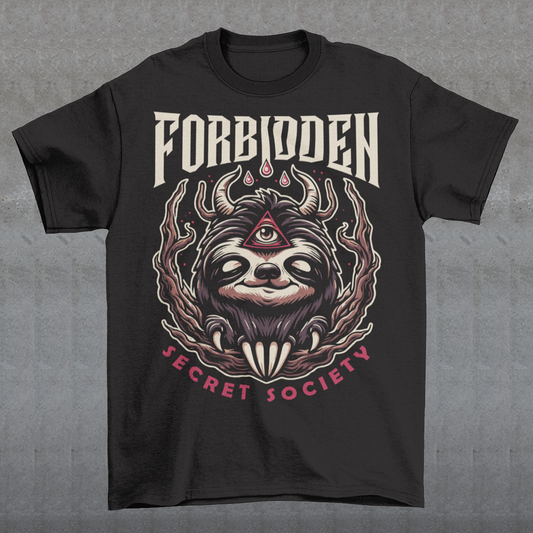 "Step into the enigmatic world of clandestine societies with our Forbidden Secret Society t-shirt featuring the elusive Illuminati sloth. This captivating design showcases a sloth adorned with symbolic imagery, including the all-seeing third eye, hinting at hidden knowledge and mystic insight. Embrace the intrigue and mystery as you don this unique tee, inviting curiosity and speculation wherever you go.
