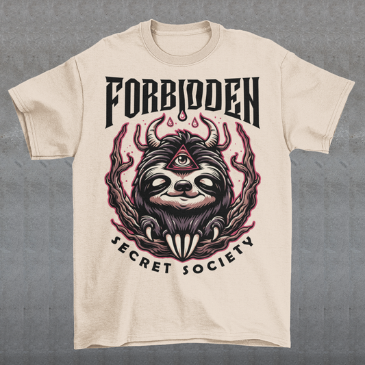 "Step into the enigmatic world of clandestine societies with our Forbidden Secret Society t-shirt featuring the elusive Illuminati sloth. This captivating design showcases a sloth adorned with symbolic imagery, including the all-seeing third eye, hinting at hidden knowledge and mystic insight. Embrace the intrigue and mystery as you don this unique tee, inviting curiosity and speculation wherever you go.