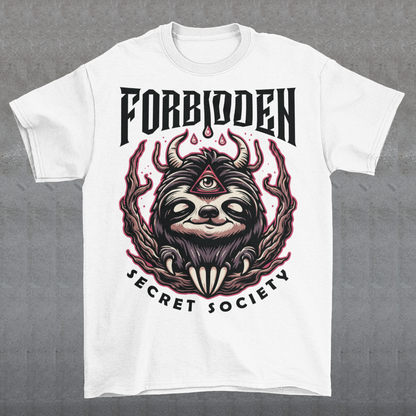"Step into the enigmatic world of clandestine societies with our Forbidden Secret Society t-shirt featuring the elusive Illuminati sloth. This captivating design showcases a sloth adorned with symbolic imagery, including the all-seeing third eye, hinting at hidden knowledge and mystic insight. Embrace the intrigue and mystery as you don this unique tee, inviting curiosity and speculation wherever you go.