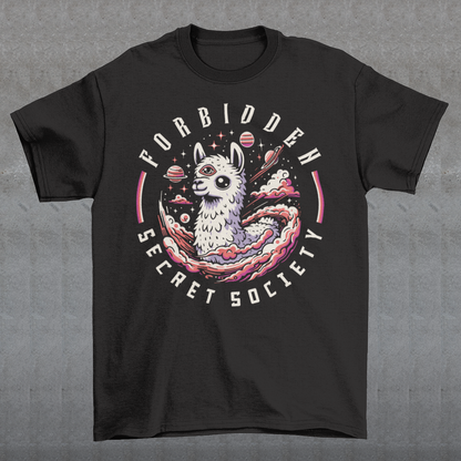 "Step into the enigmatic world of clandestine societies with our Forbidden Secret Society t-shirt featuring the elusive Illuminati Llama. This captivating design showcases a llama adorned with symbolic imagery, including the all-seeing third eye, hinting at hidden knowledge and mystic insight. Embrace the intrigue and mystery as you don this unique t-shirt, inviting curiosity and speculation wherever you go.
