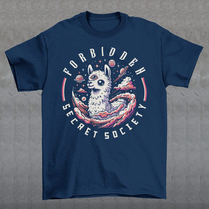 "Step into the enigmatic world of clandestine societies with our Forbidden Secret Society t-shirt featuring the elusive Illuminati Llama. This captivating design showcases a llama adorned with symbolic imagery, including the all-seeing third eye, hinting at hidden knowledge and mystic insight. Embrace the intrigue and mystery as you don this unique t-shirt, inviting curiosity and speculation wherever you go.