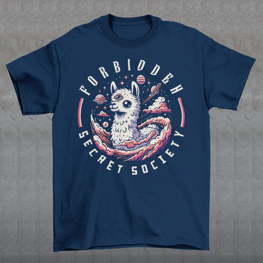 "Step into the enigmatic world of clandestine societies with our Forbidden Secret Society t-shirt featuring the elusive Illuminati Llama. This captivating design showcases a llama adorned with symbolic imagery, including the all-seeing third eye, hinting at hidden knowledge and mystic insight. Embrace the intrigue and mystery as you don this unique t-shirt, inviting curiosity and speculation wherever you go.