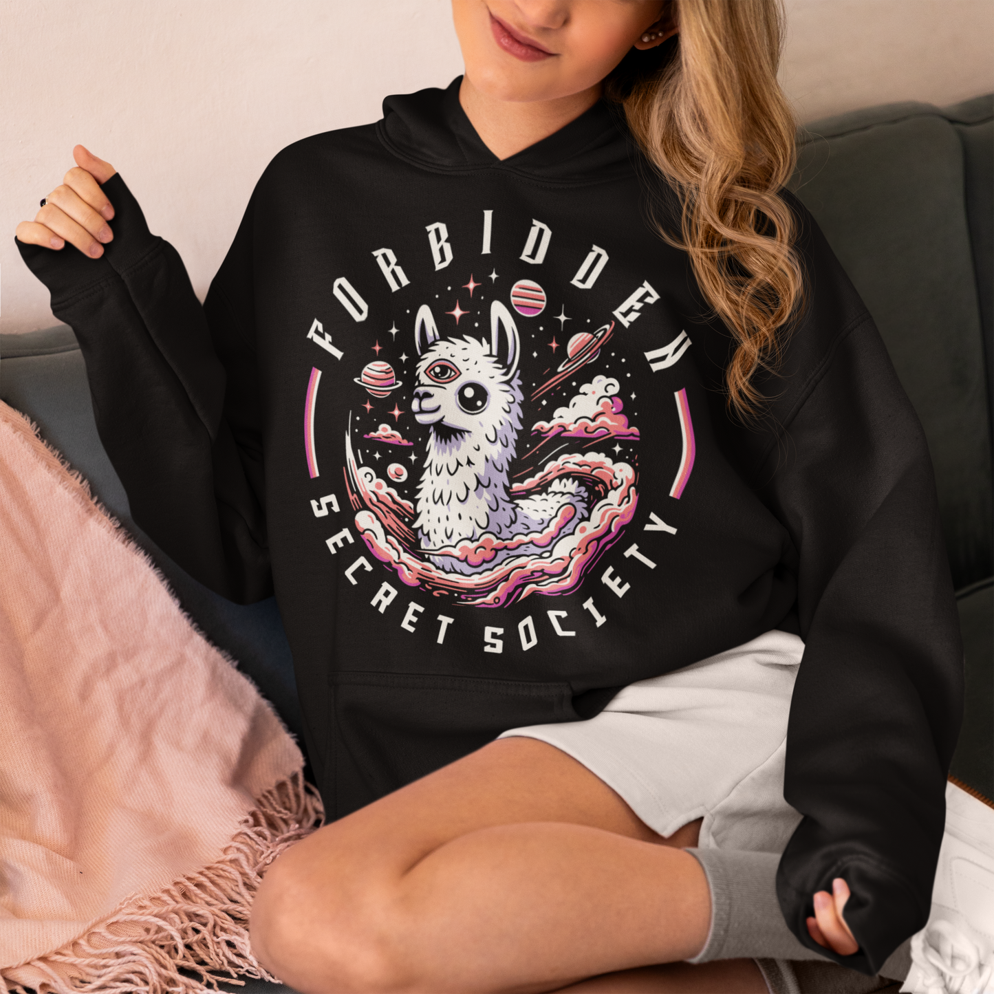 Black hoodie of an Illuminati possum with a third eye with text FORBIDDEN SECRET SOCIETY.