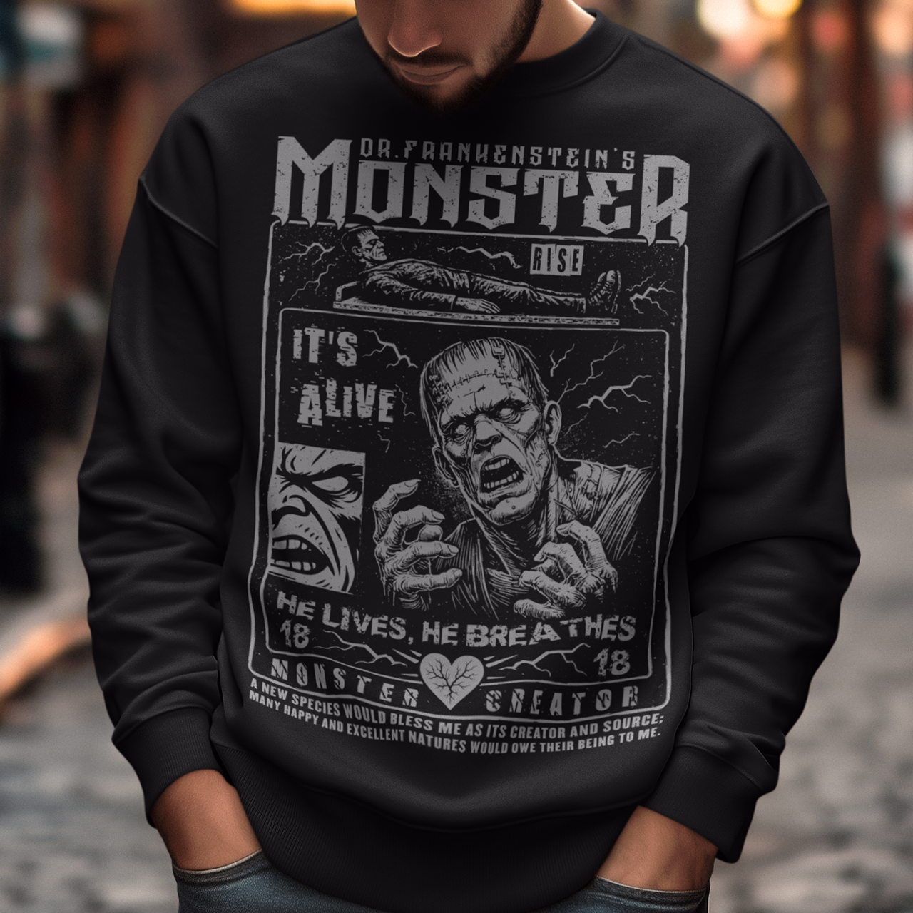 Black horror-themed sweatshirt featuring a vintage Frankenstein monster graphic in distressed gray print. The design includes comic-style panels with lightning bolts, Dr. Frankenstein’s monster rising from a lab table, and bold text reading “It’s Alive.” Gothic typography and retro horror artwork give the shirt a classic monster movie aesthetic, perfect for Halloween, horror fans, gothic fashion lovers, and collectors of vintage spooky apparel.