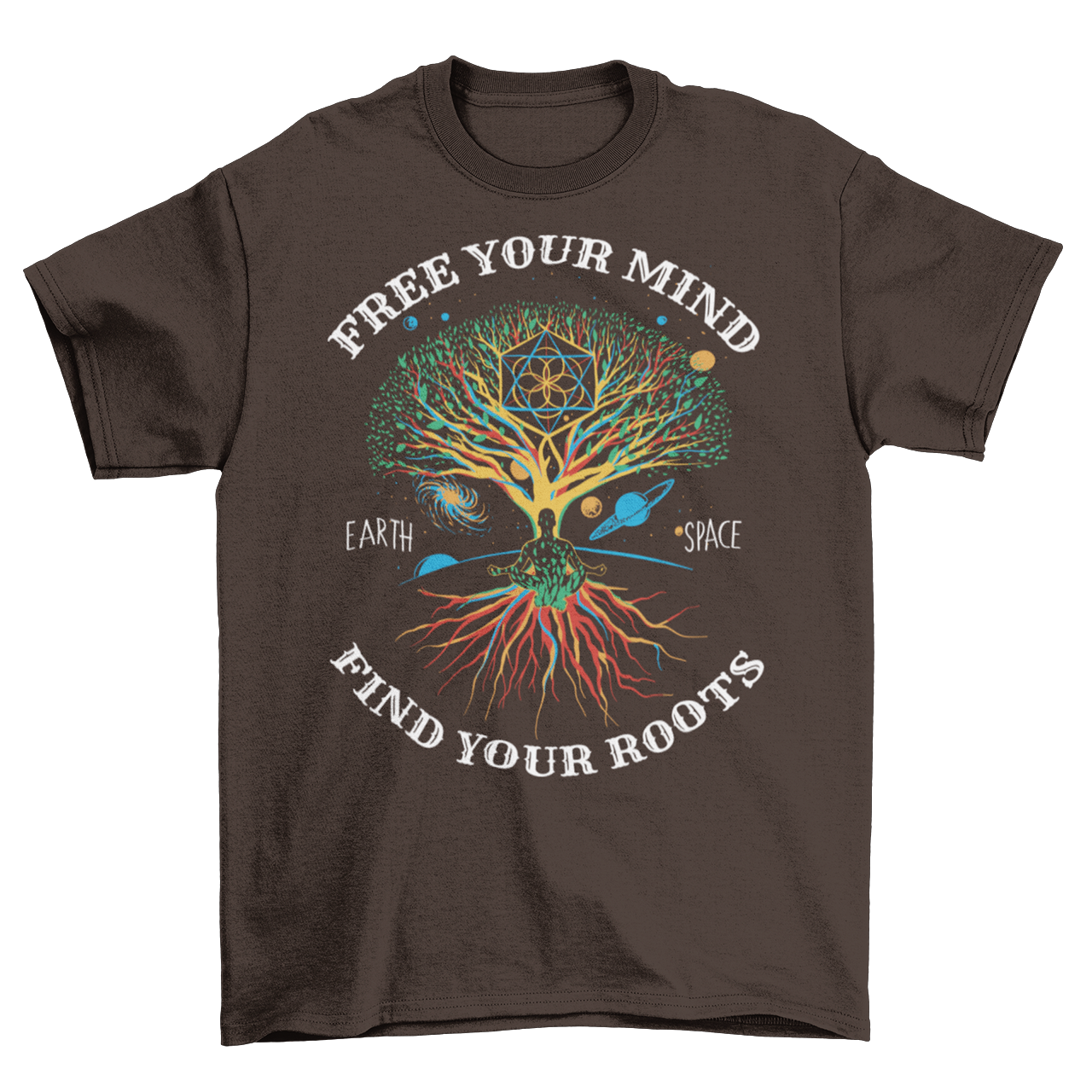 Brown t-shirt with a person meditating at the tree of life in space with text "FREE YOUR MIND FIND YOUR ROOTS".