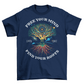 Navy t-shirt with a person meditating at the tree of life in space with text "FREE YOUR MIND FIND YOUR ROOTS".