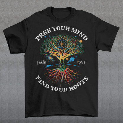The Tree of Life is a powerful symbol of growth, interconnectedness, and strength, representing the roots of our existence and the interconnectedness of all living things. The image is rendered in a vibrant, eye-catching style that is sure to draw attention and spark conversations. The accompanying text reads "FREE YOUR MIND FIND YOUR ROOTS", conveying a powerful message of self-discovery and the importance of connecting with one's inner self.