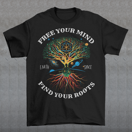 The Tree of Life is a powerful symbol of growth, interconnectedness, and strength, representing the roots of our existence and the interconnectedness of all living things. The image is rendered in a vibrant, eye-catching style that is sure to draw attention and spark conversations. The accompanying text reads "FREE YOUR MIND FIND YOUR ROOTS", conveying a powerful message of self-discovery and the importance of connecting with one's inner self.