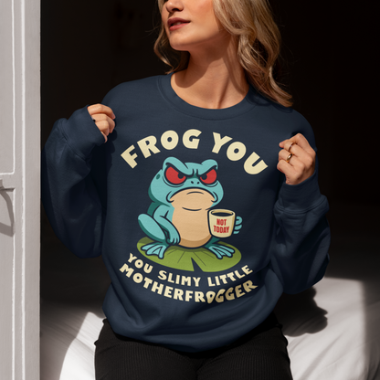 Frog You Motherfrogger Sweathirt - Angry Frog Shirt - Funny Animal Meme Top - Frog Lover Gift. Serve attitude with a side of caffeine in this bold and hilarious “Frog Off Motherfrogger” shirt. Featuring a grumpy frog perched on a lily pad, clutching a “Not Today” coffee mug, this design perfectly captures those moods when patience is low and sarcasm is high. With its cheeky wordplay and expressive character, it’s the ultimate statement piece for anyone who appreciates humor with a bite.