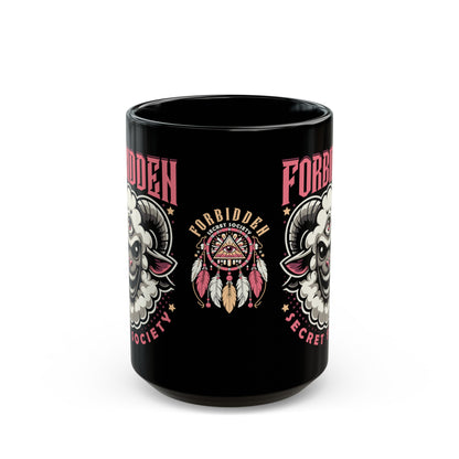 Black mug of an Illuminati sheep with a third eye with text FORBIDDEN SECRET SOCIETY.