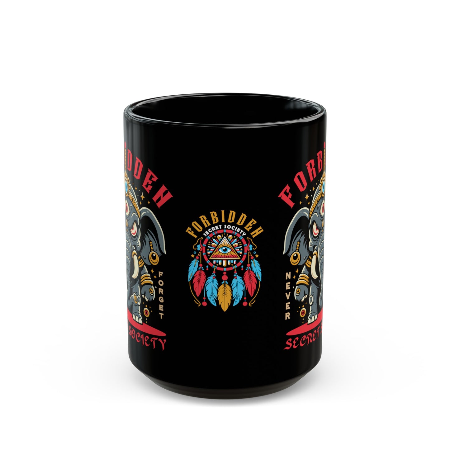 Black mug of an Illuminati elephant with a third eye with text FORBIDDEN SECRET SOCIETY.