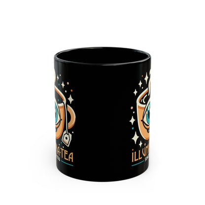 Black mug of an Illuminati cup with text Illumina-Tea