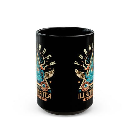 Black mug of an Illuminati tea pot and cups with text ILLUMINA-TEA.
