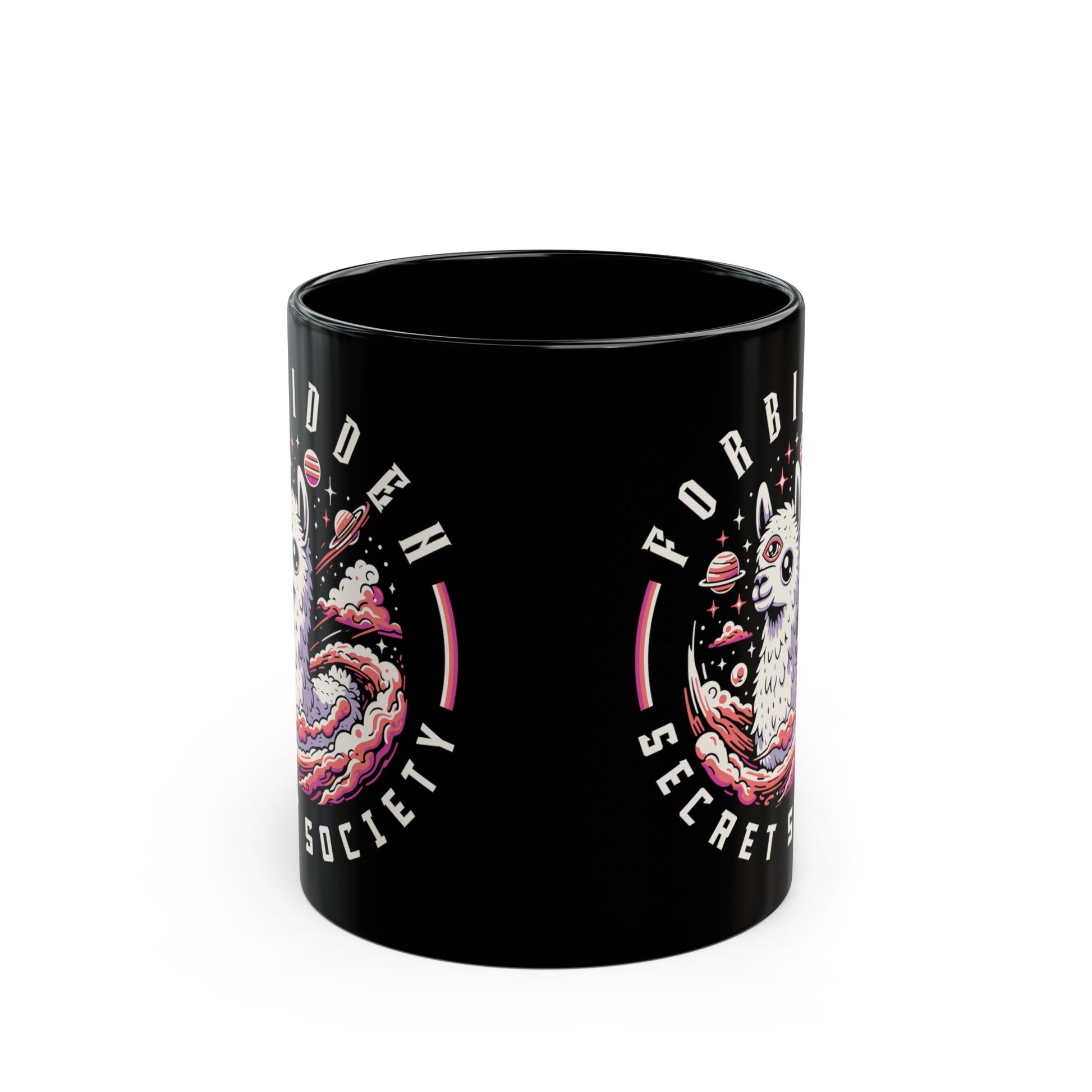 Black mug of an Illuminati llama with a third eye with text FORBIDDEN SECRET SOCIETY.