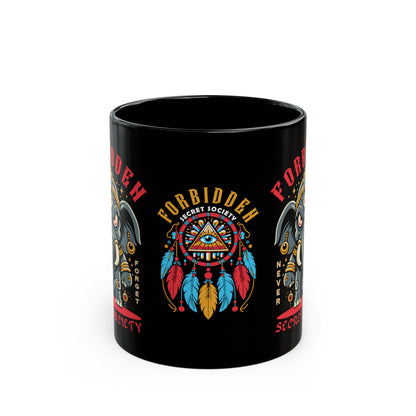Black mug of an Illuminati elephant with a third eye with text FORBIDDEN SECRET SOCIETY.