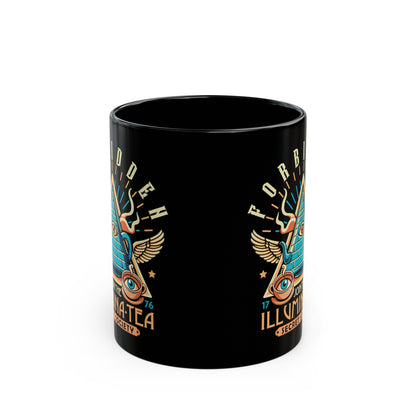Black mug of an Illuminati tea pot and cups with text ILLUMINA-TEA.