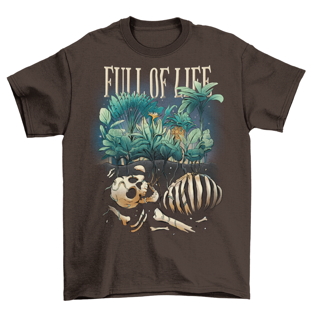 Brown t-shirt of a skeleton buried in the ground with plants growning up from the ground with text "FULL OF LIFE".