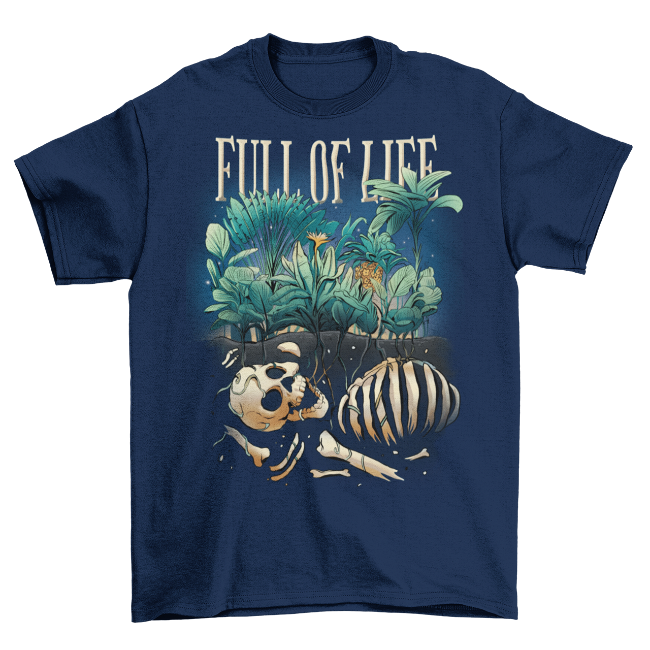 Navy t-shirt of a skeleton buried in the ground with plants growning up from the ground with text "FULL OF LIFE".