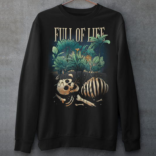Introducing our captivating "Full of Life" Sweatshirt, where the beauty of nature intertwines with a touch of mystery. This unique design features a stunning depiction of lush plants flourishing over a buried skeleton, creating a striking visual contrast. The intricate artwork showcases the circle of life and the resilience of nature as it reclaims what was once lost. The vibrant green foliage and delicate flowers symbolize growth, renewal, and the everlasting cycle of existence.