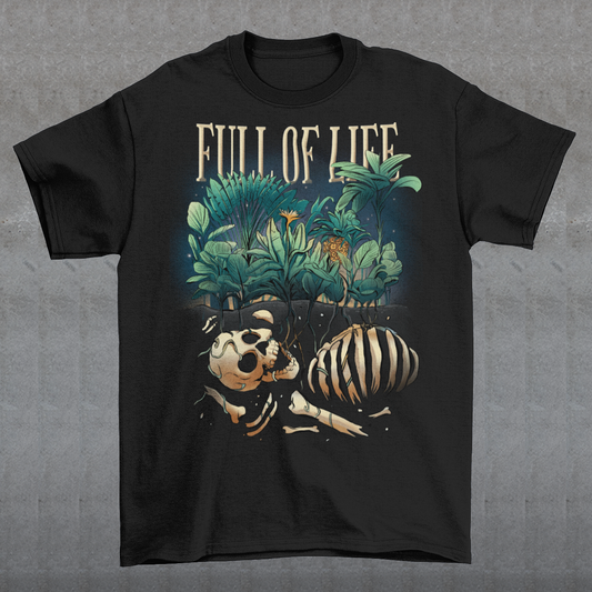 Introducing our captivating "Full of Life" T-shirt, where the beauty of nature intertwines with a touch of mystery. This unique design features a stunning depiction of lush plants flourishing over a buried skeleton, creating a striking visual contrast. The intricate artwork showcases the circle of life and the resilience of nature as it reclaims what was once lost. The vibrant green foliage and delicate flowers symbolize growth, renewal, and the everlasting cycle of existence.