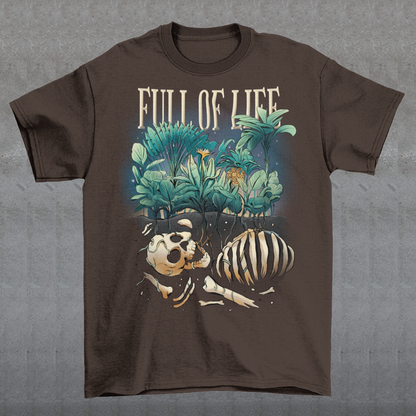 Introducing our captivating "Full of Life" T-shirt, where the beauty of nature intertwines with a touch of mystery. This unique design features a stunning depiction of lush plants flourishing over a buried skeleton, creating a striking visual contrast. The intricate artwork showcases the circle of life and the resilience of nature as it reclaims what was once lost. The vibrant green foliage and delicate flowers symbolize growth, renewal, and the everlasting cycle of existence.