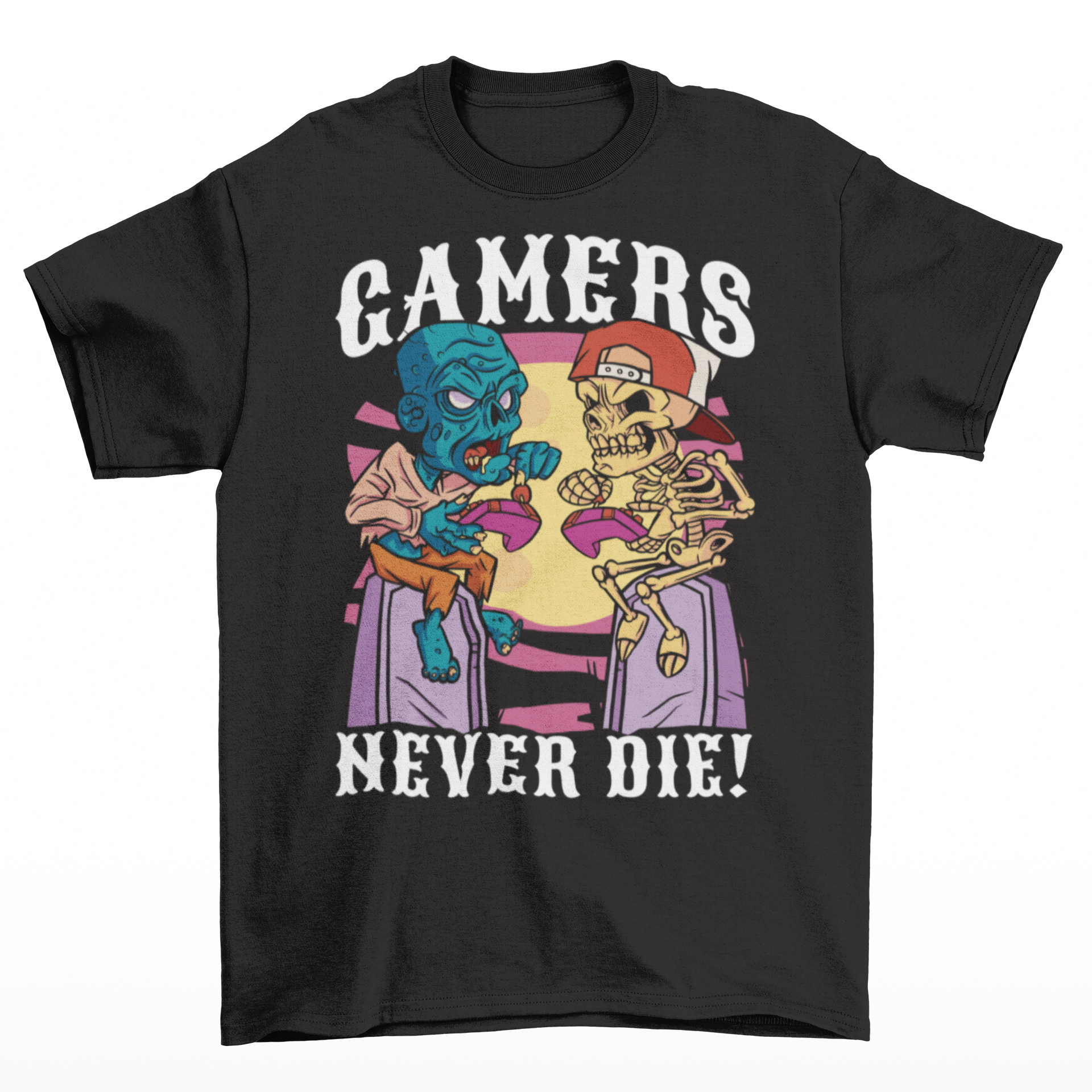 Black t-shirt of a zombie and skeleton sitting on tombstones gaming with text "GAMER'S NEVER DIE!".